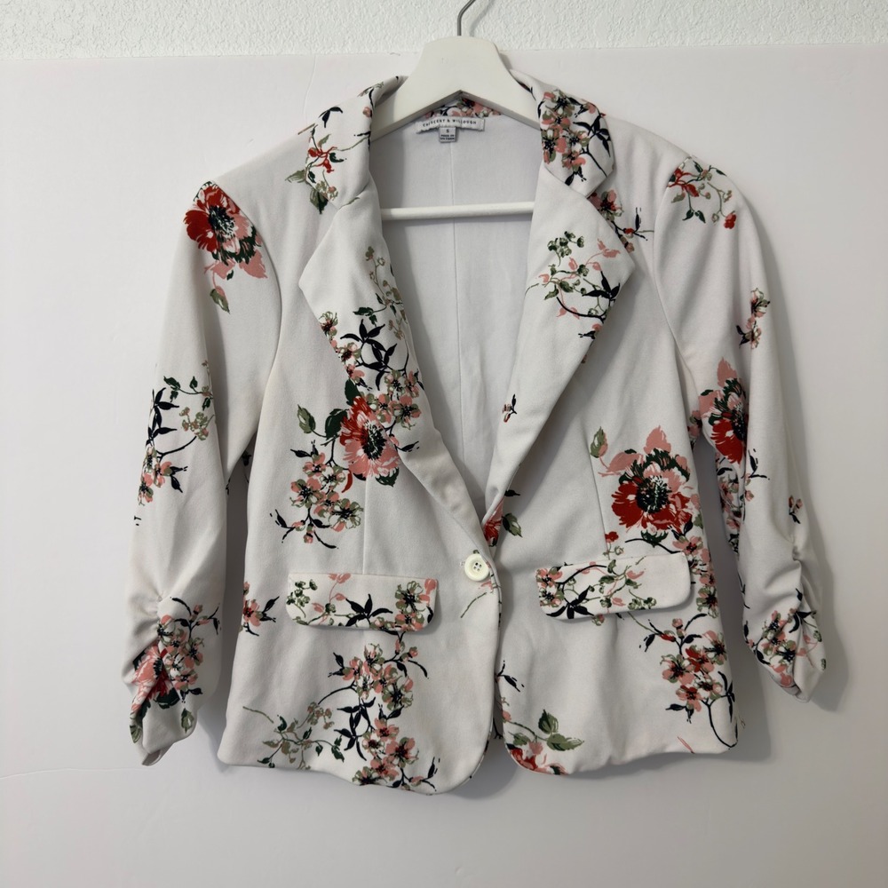 Crescent & Willoughby Blazer Floral Ruched 3/4 Sleeve Jacket Cottagecore